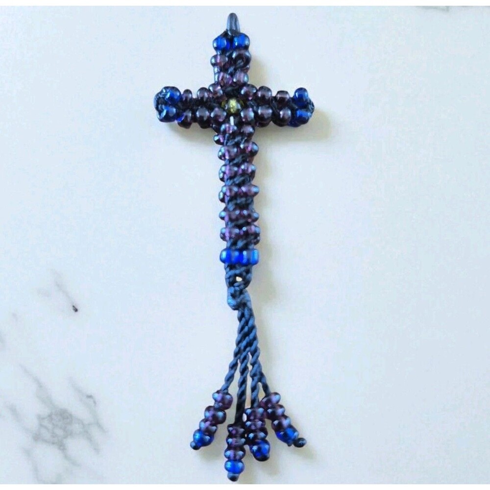 Vintage Seed Bead Woven Cross Pendant Purple Blue
